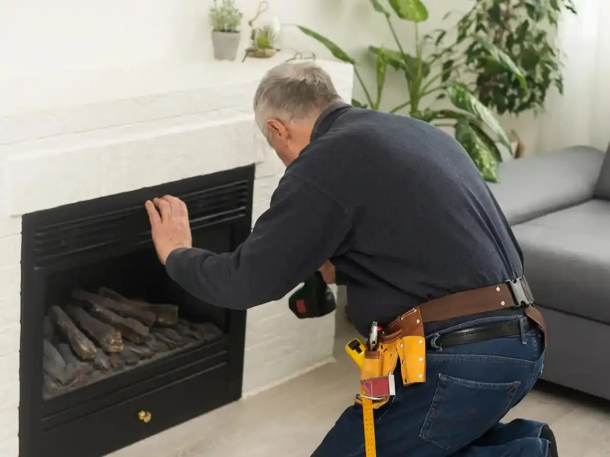 Technician installing a fireplace insert